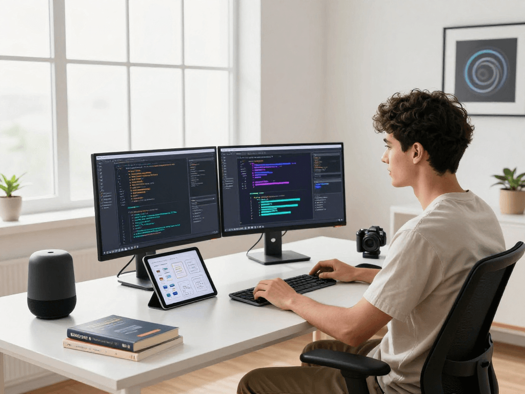 Juicy ai in a creative tech workspace featuring a developer coding with multiple screens and smart gadgets