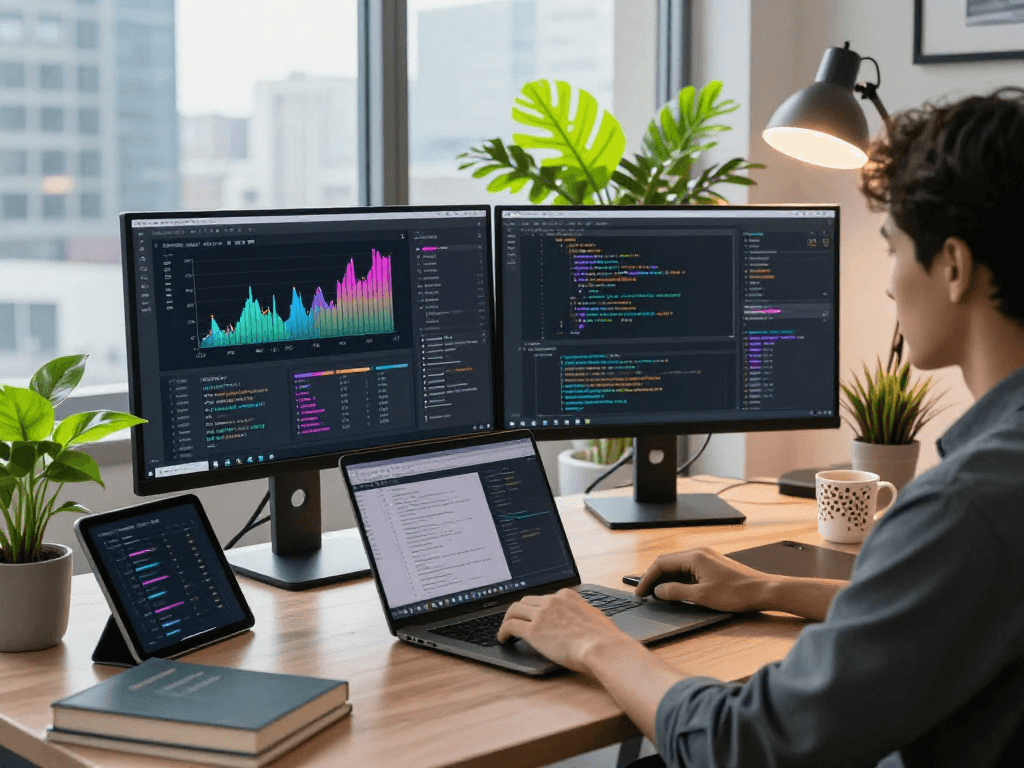 Developer analyzing hot ai trends in a modern workspace with dual monitors and data visualizations.