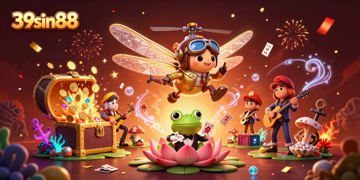 Experience the vibrant wins at 39sin88 with a dynamic casino-themed 3D illustration.