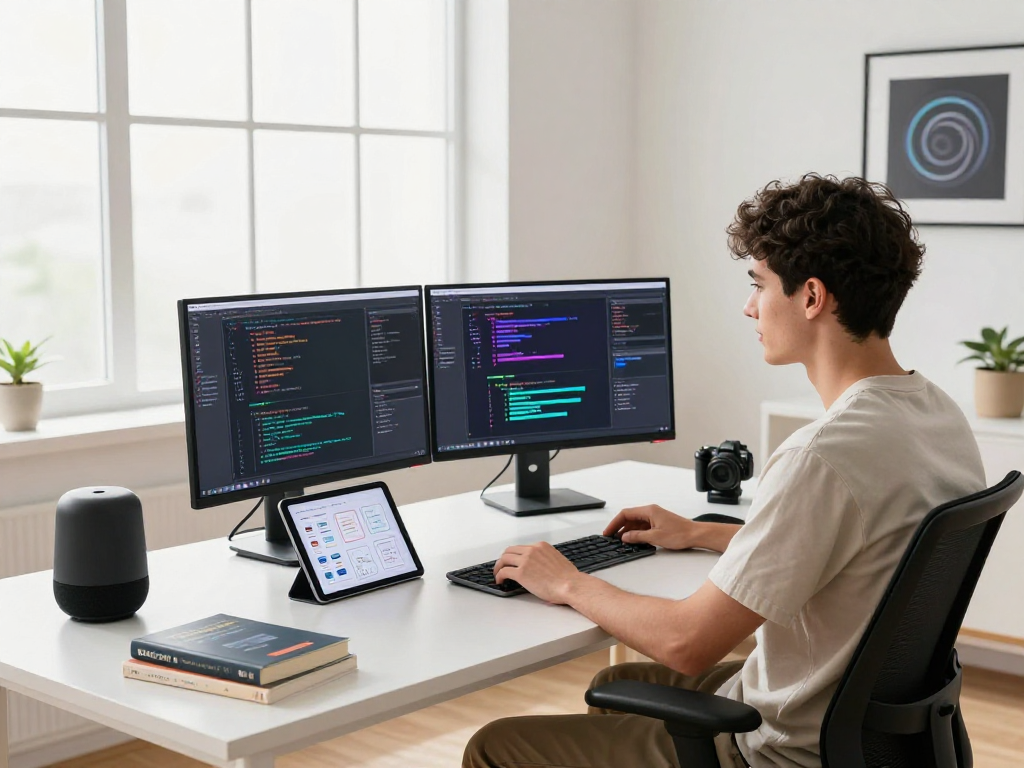 Juicy ai in a creative tech workspace featuring a developer coding with multiple screens and smart gadgets
