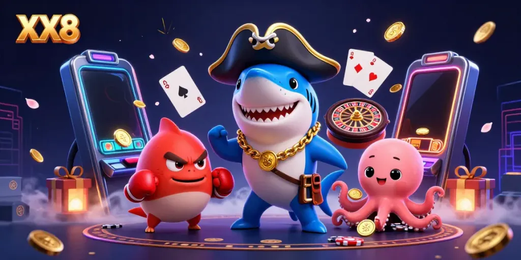 Engaging scene showcasing XX8 logo in a colorful casino environment with animated characters and gaming elements.