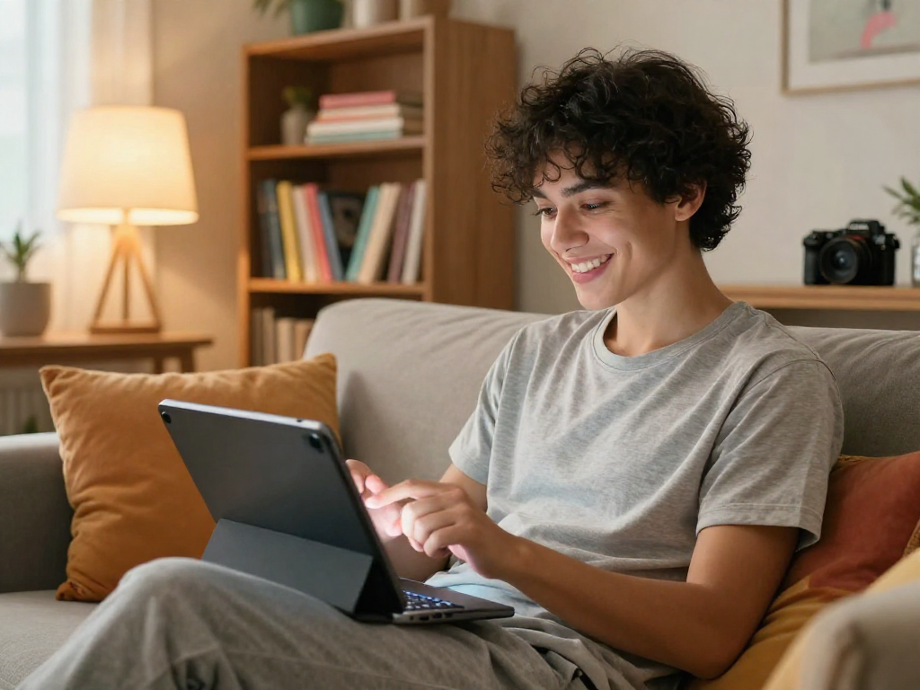 Engaging sex chat ai interaction in a cozy home with a young adult using a tablet in a relaxed setting.