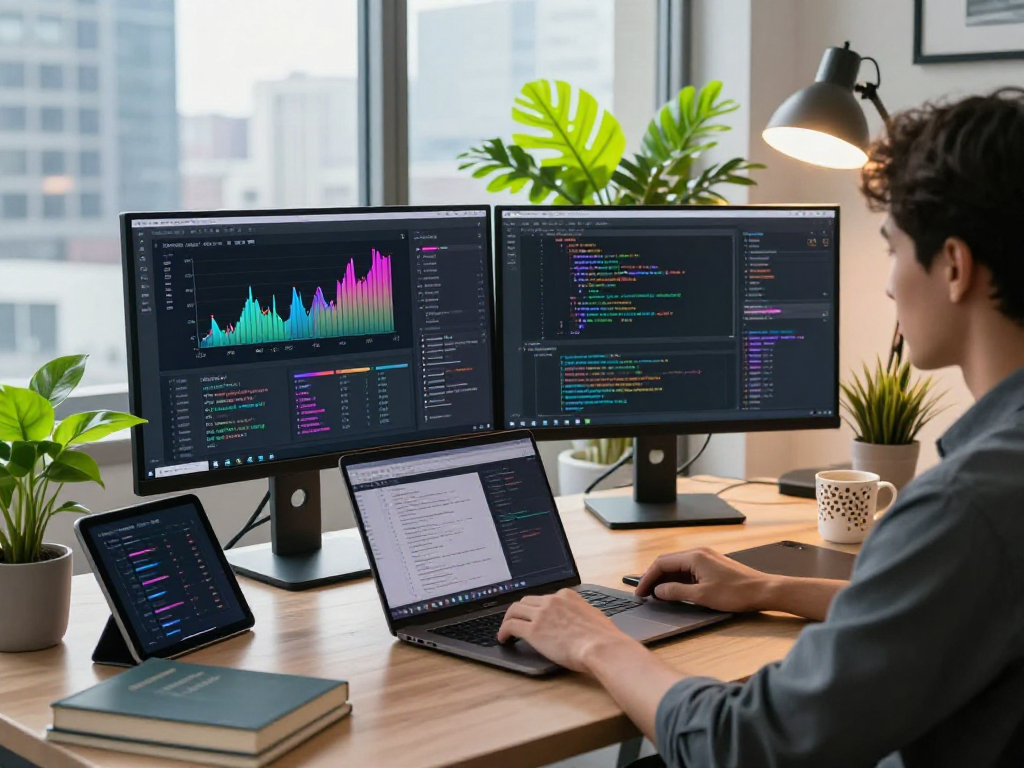 Developer analyzing hot ai trends in a modern workspace with dual monitors and data visualizations.