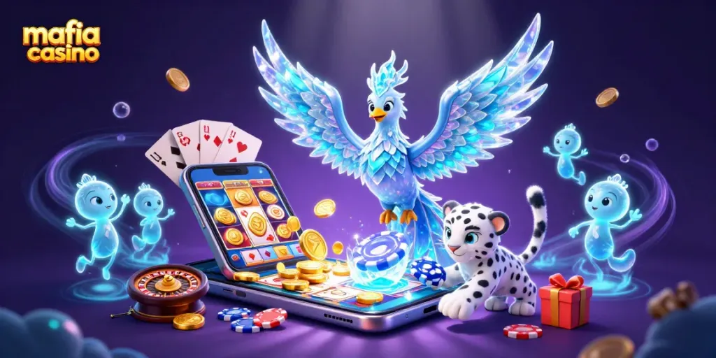 Engaging scene of mafia casino elements with an ice phoenix, snowy cub, and magical sprites.
