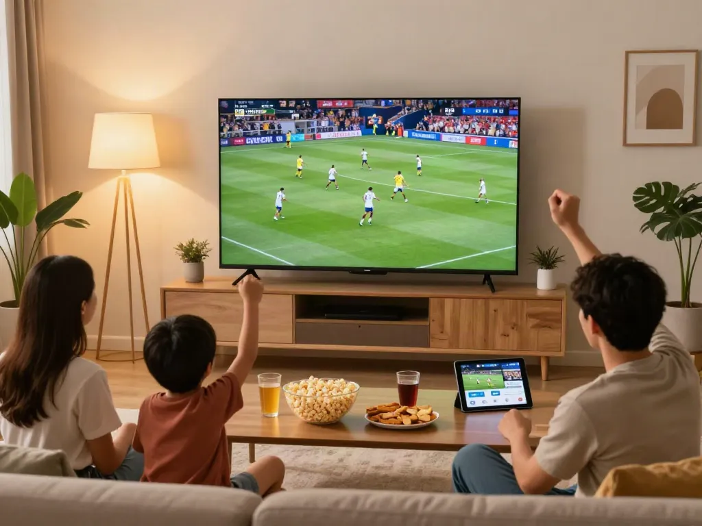 Family enjoying IPTV streaming while watching sports live in a cozy living room.