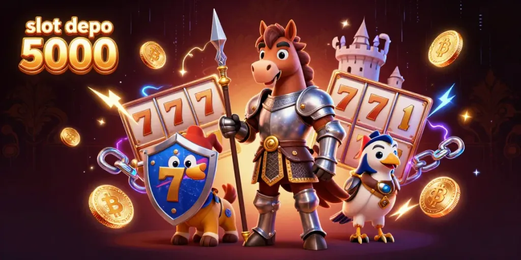 Spin the reels with slot depo 5000 in this vibrant 3D casino scene featuring medieval characters.