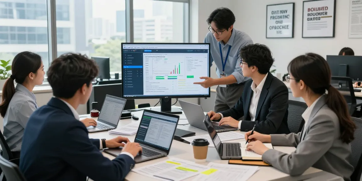 Team analyzing data for document fraud detection in a modern corporate office.