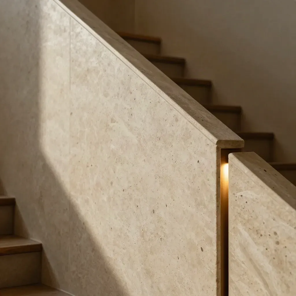 Parete in travertino con angolo rivestito e luce bronzata su scala interna.