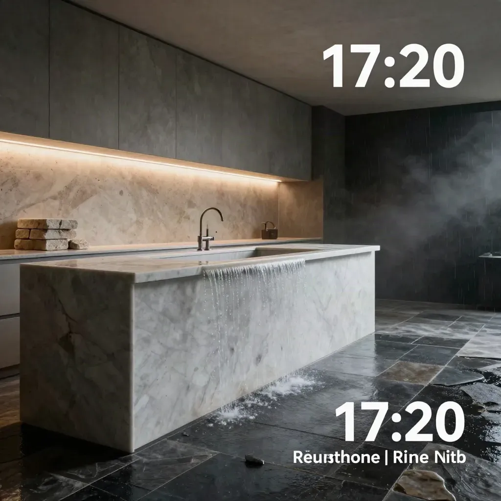 Cucina in marmo e travertino con pavimento in pietra, luce soffusa dopo la pioggia.