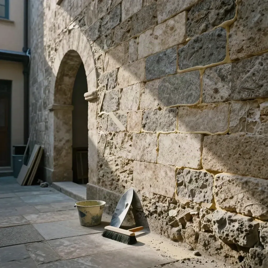 Muratura storica restaurata in un cortile stretto, con arco riparato e attrezzi da muratore