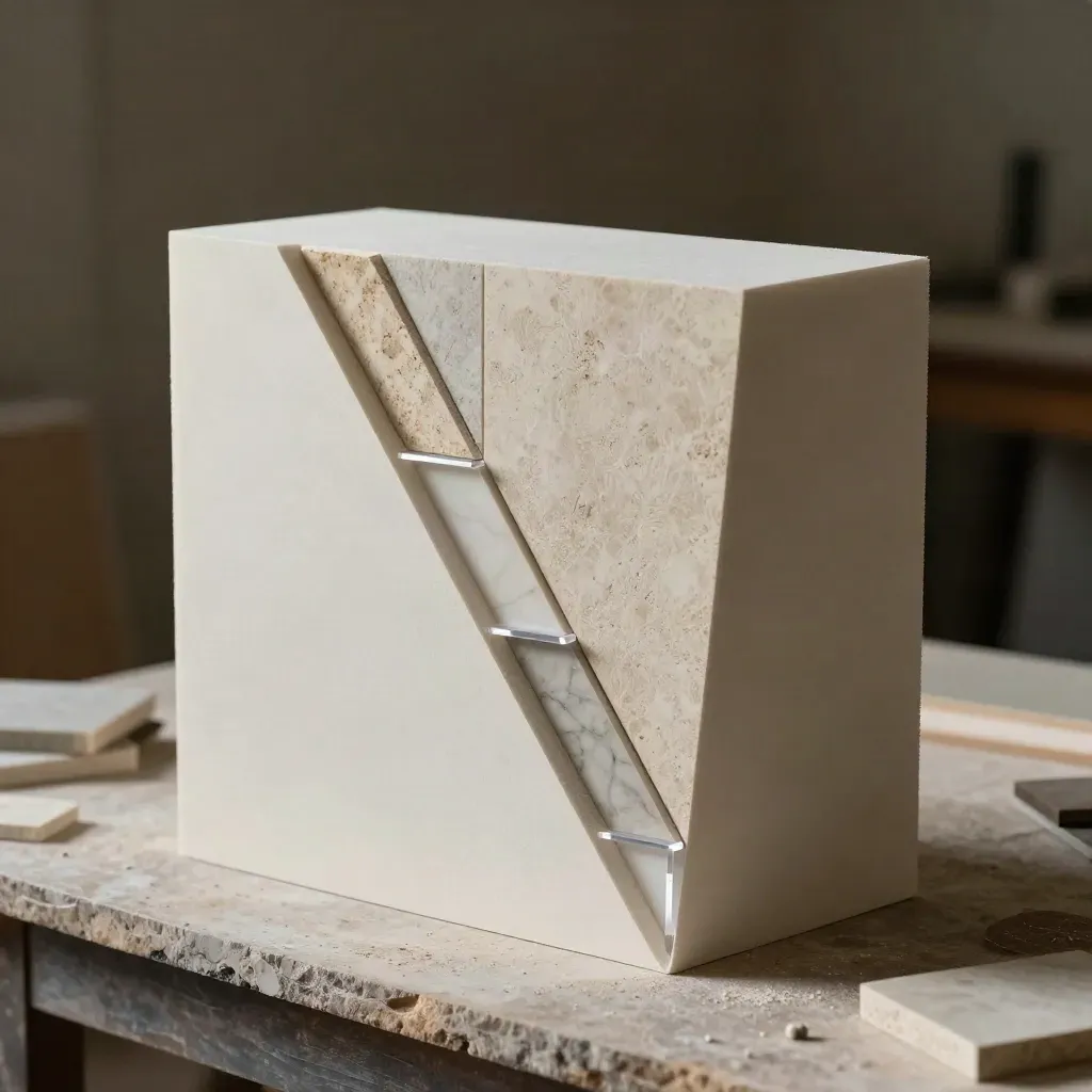 Mockup architettonico in foam con inserti in pietra e base acrilica su banco da lavoro.