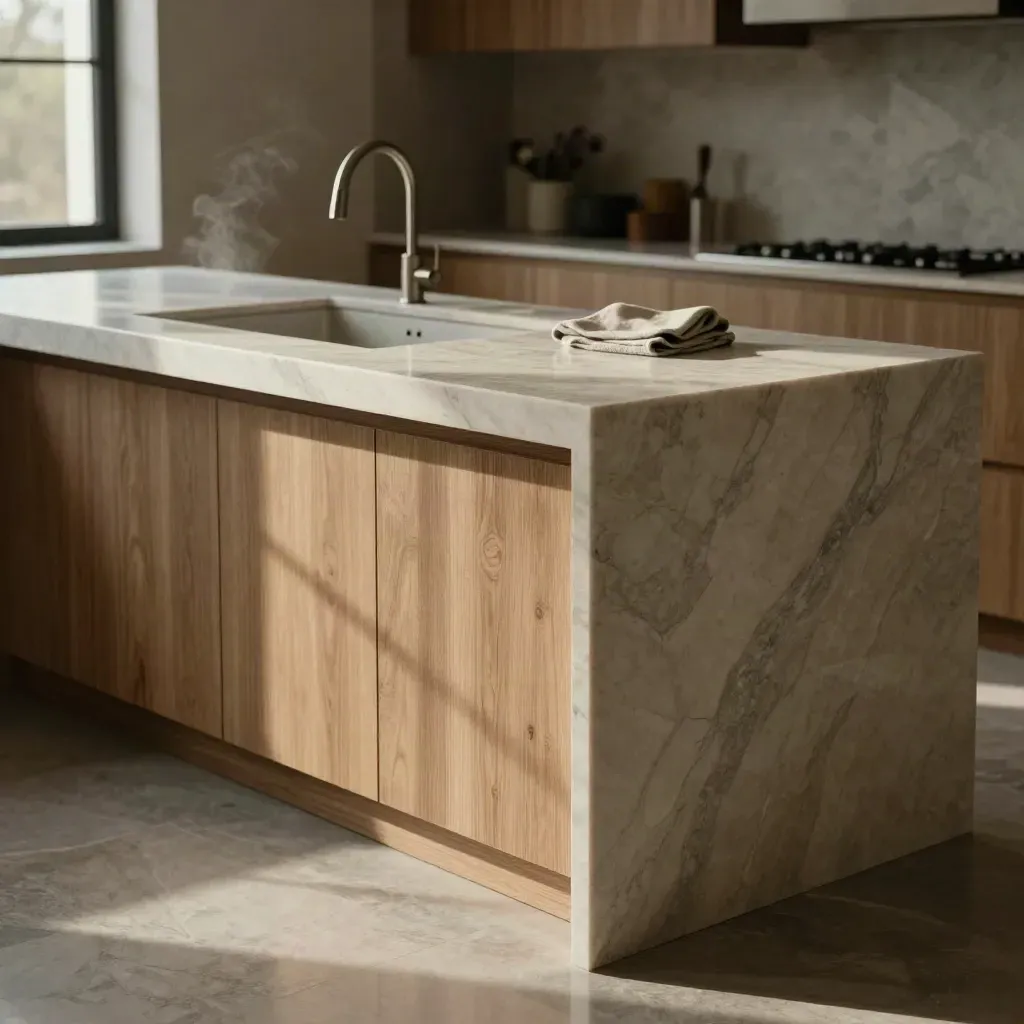 Isola in marmo con basi in rovere, lavello integrato e luce del mattino in cucina.