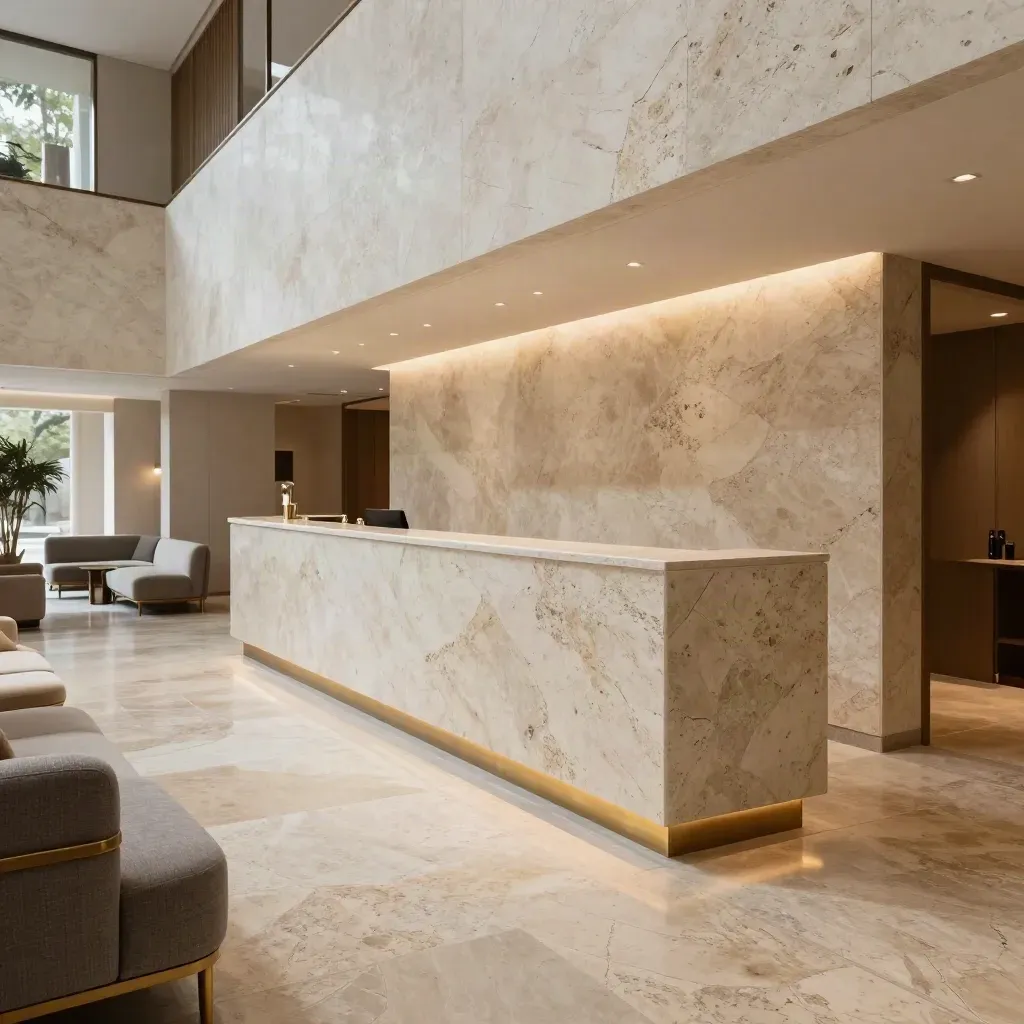 Lobby hotel in travertino con banco reception, rivestimento parete e luci calde accese.