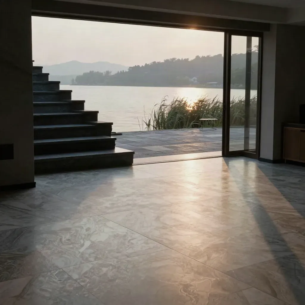 Villa sul lago con pavimento in pietra, scala scura e riflessi del tramonto sulla veranda.