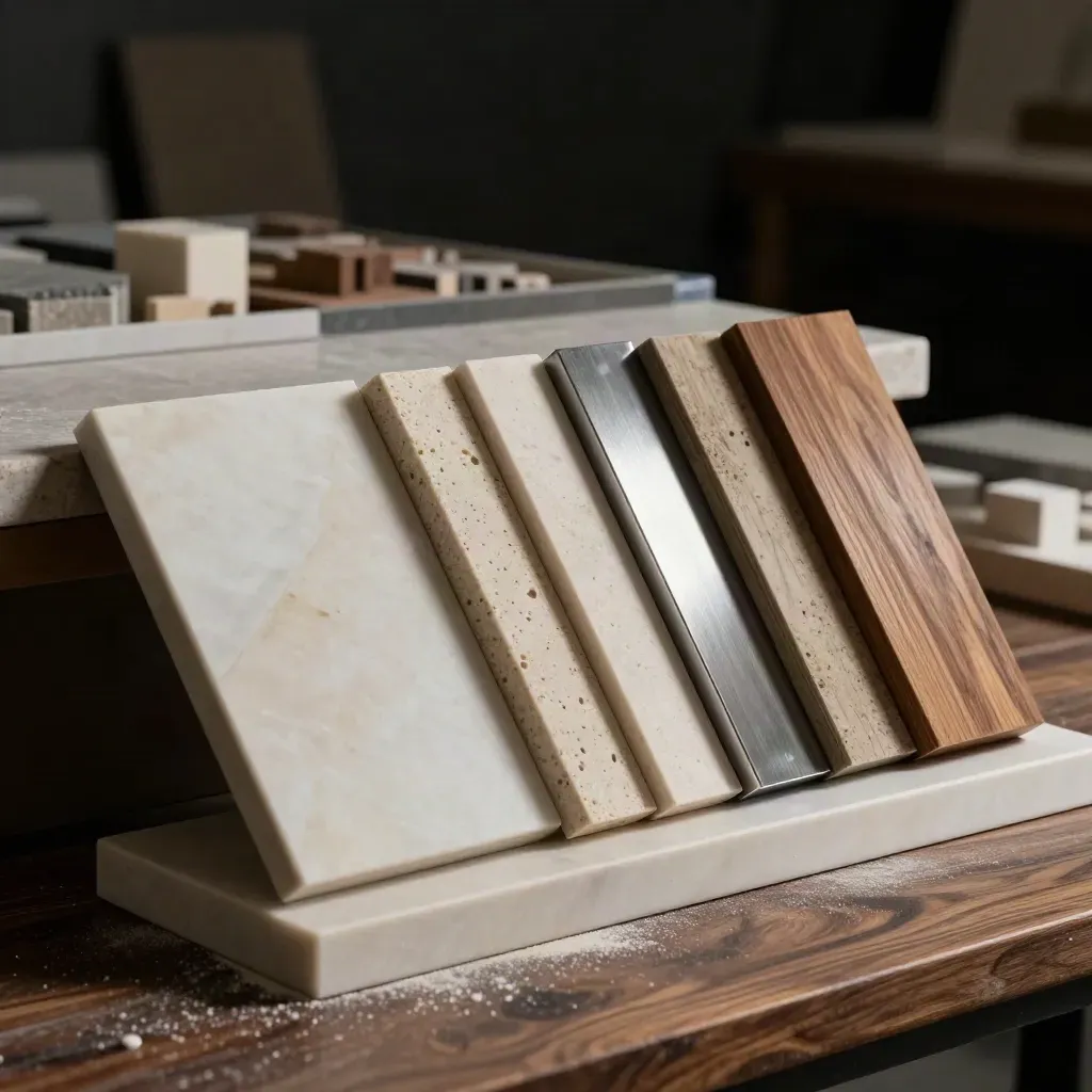 Campioni di marmo, travertino, metallo e rovere su blocco avorio in studio