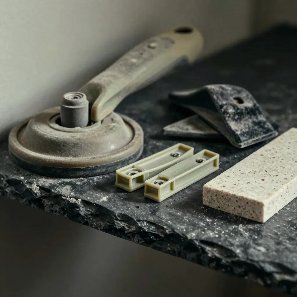 Ventosa, clip distanziali, cuneo in gomma e offcut polveroso su mensola in ardesia.
