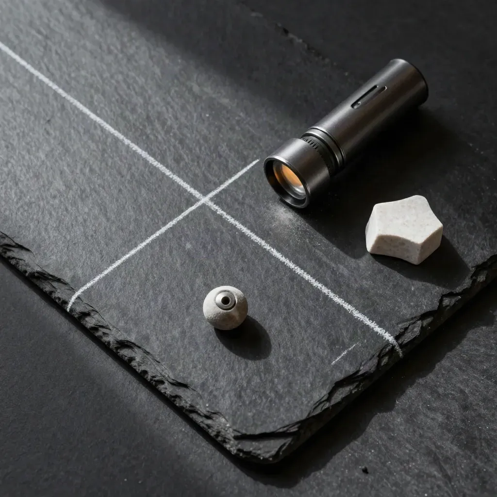 Flatlay di rilievo in loco con filo a piombo, torcia di controllo e chip di pietra su lastra scura.