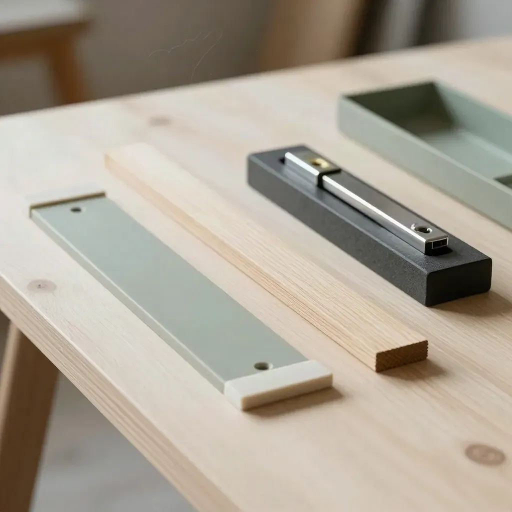 Cunei di livellamento e accessori su legno chiaro, luce morbida e atmosfera da cantiere.