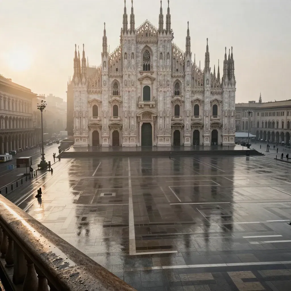 Duomo di Milano alto su Piazza del Duomo calma, con luce dorata dopo la pioggia