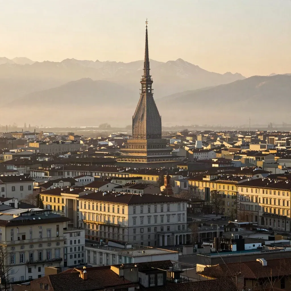 Torino al tramonto con la Mole Antonelliana sopra il Po e le Alpi velate sullo sfondo