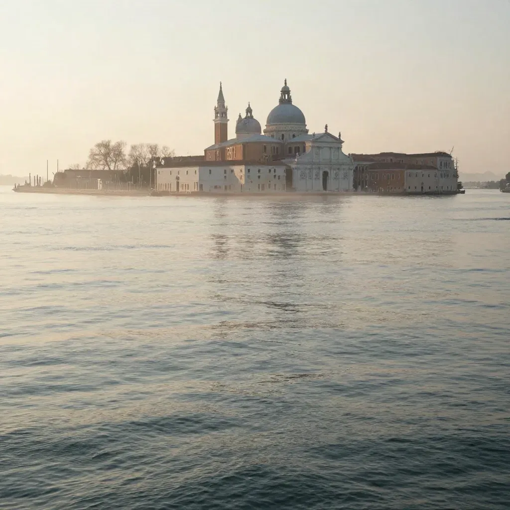 Laguna veneta all’alba con San Giorgio Maggiore e la città alta sopra acqua calma e nebbia