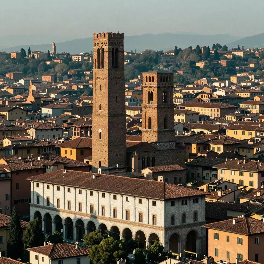 Bologna con i portici e le Due Torri sopra tetti in laterizio al tramonto