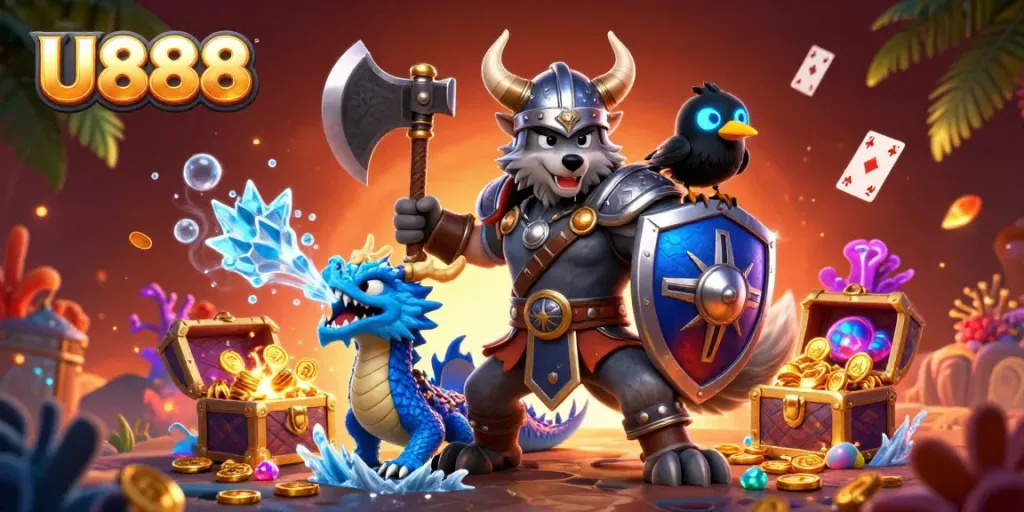 U888 gaming scene with a Viking wolf warrior, dragon, and treasures, showcasing excitement and action.