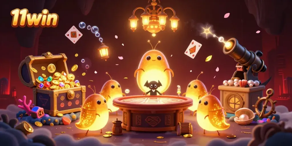 Experience the excitement of 11win at a glowing casino with animated characters and vibrant treasures.