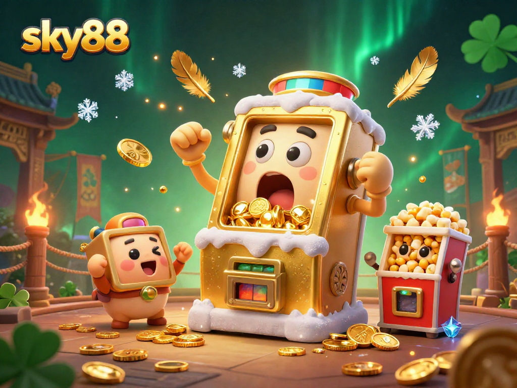 sky88 celebrates a jackpot moment with a golden slot machine cheering characters and casino tokens.