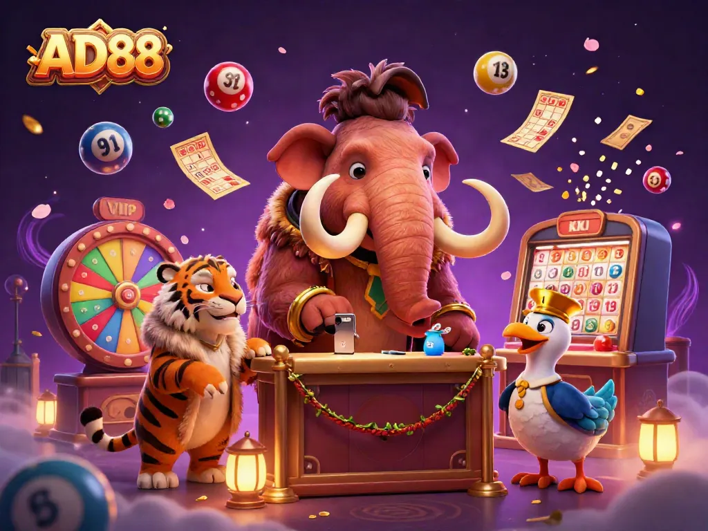 Experience the excitement of AD88 as our woolly mammoth bouncer greets VIPs in a lively casino scene.