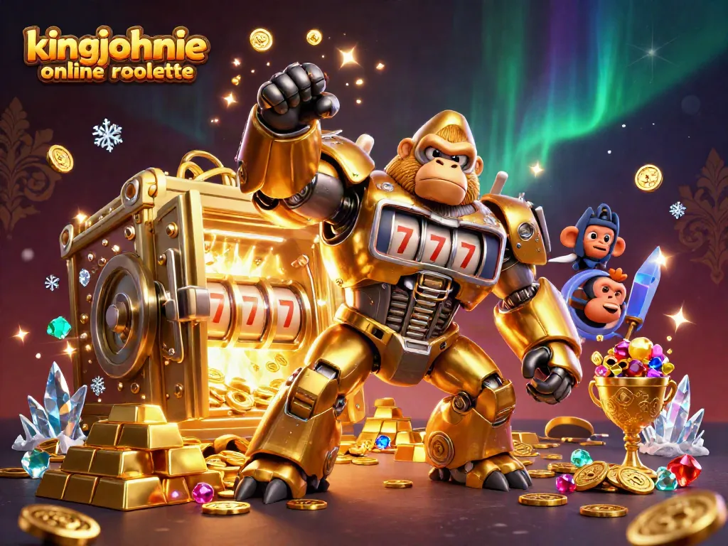 Experience the excitement of kingjohnnie online roulette with a dynamic 3D gorilla mech illustration.